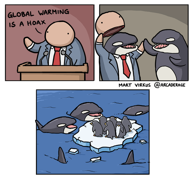 A comic featuring orcas lying about global warming, while they surround melting ice topped with penguins