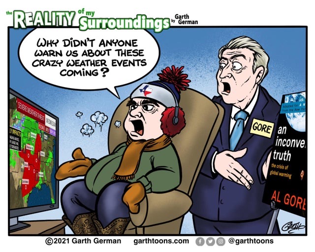 A comic featuring a man watching coverage of the freezing weather in Texas wondering why no one warned us it could happen, while Al Gore stands behind him.