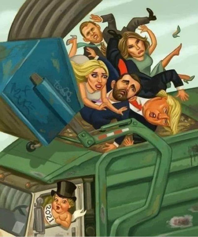 A comic featuring Donald Trump, his wife, and his three oldest children being dumped in a trash bin