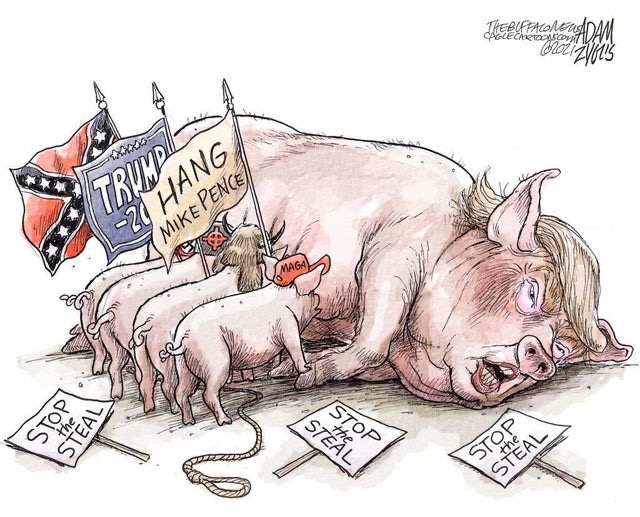 A comic featuring a pig-like Trump with supporters sucking at his teats