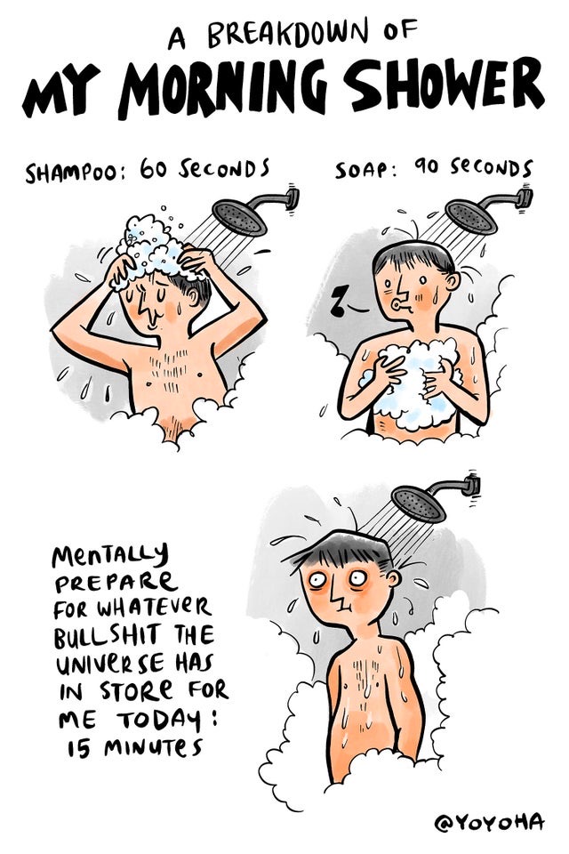 A comic featuring a man going through his morning shower routine.