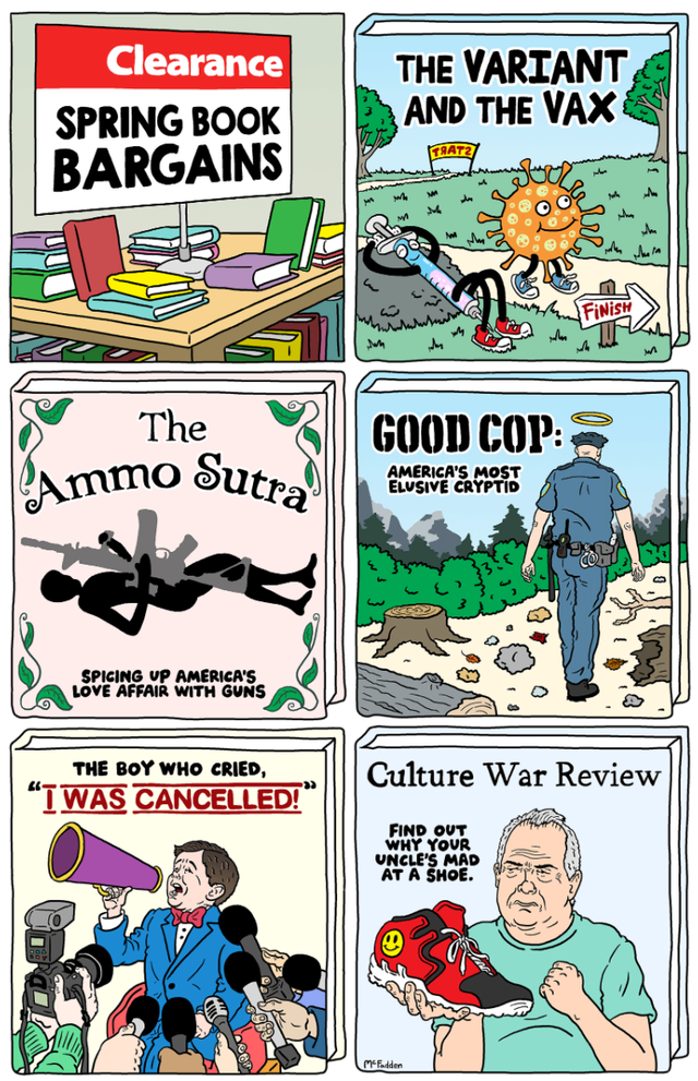 A comic featuring a number of satirical books.