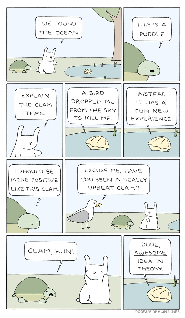 A comic featuring a tortoise and a hare coming upon a clam in some water.