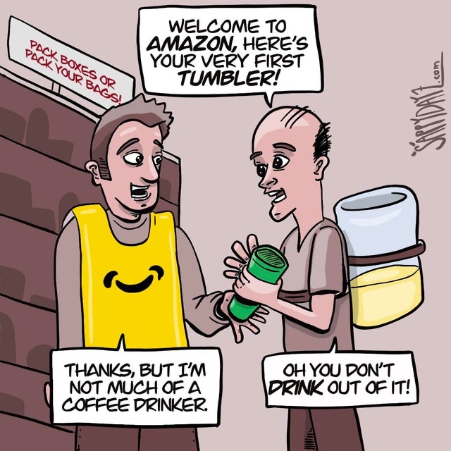 A comic featuring a man welcoming another man to Amazon with a tumbler.