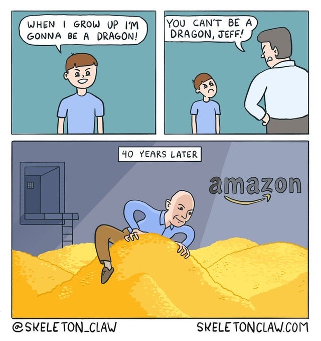 A comic featuring a young Jeff Bezos saying he wants to be a dragon when he grows up.