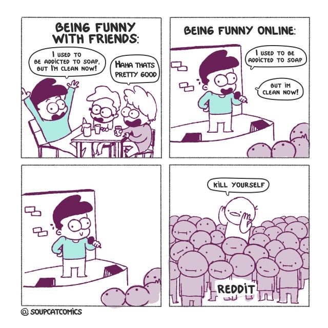 A comic featuring a man telling a joke to friends and then telling the joke online.