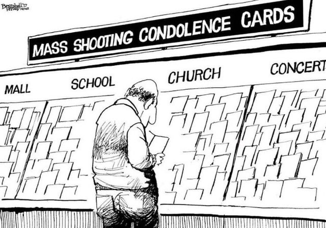 A comic featuring a man searching through a wall of mass shooting condolence cards.