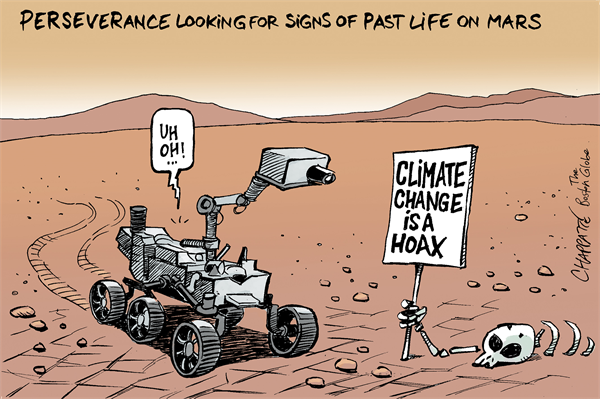 A comic featuring Mars rover Perseverance looking for signs of past life on Mars.