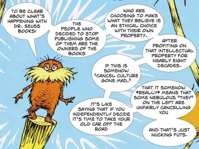 A comic featuring a Lorax explaining the decision to stop publishing some Dr. Seuss books