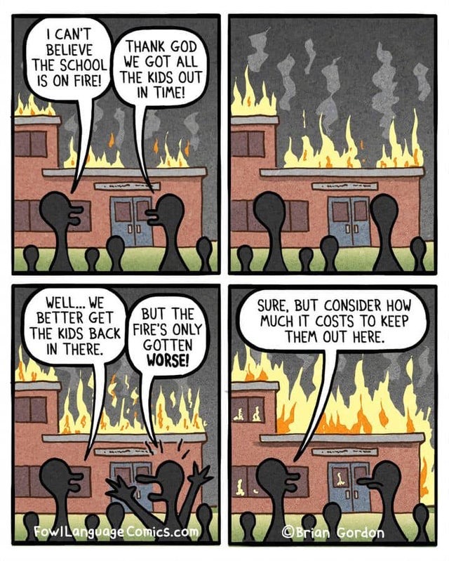 A comic featuring a number of ducks watching a school burn