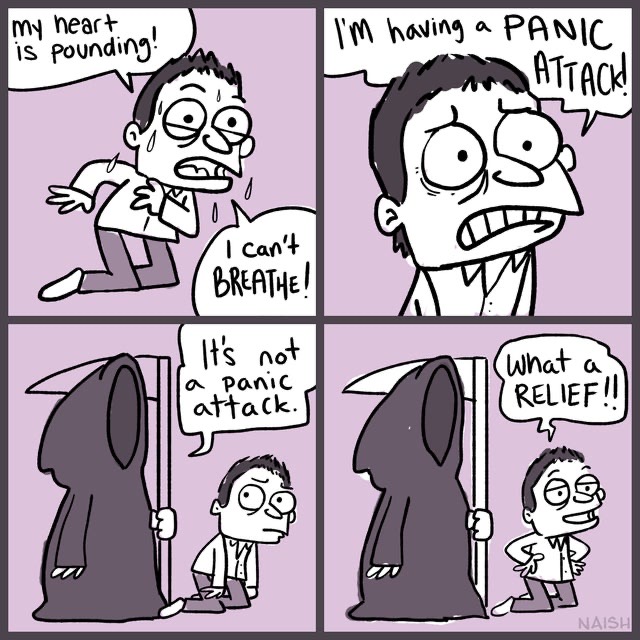 A comic featuring a person thinking they are having a panic attack.