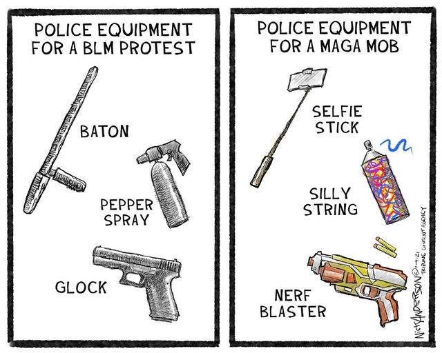 A comic contrasting the police equipment for a BLM protest and for a MAGA mob