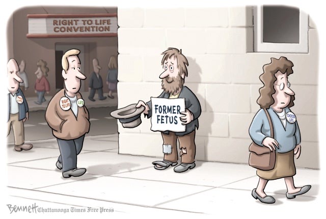 A comic featuring a man asking for change while pro-life supporters walk past him.