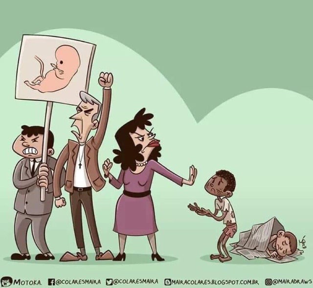 A comic featuring people protest against abortion while ignoring children living in poverty.