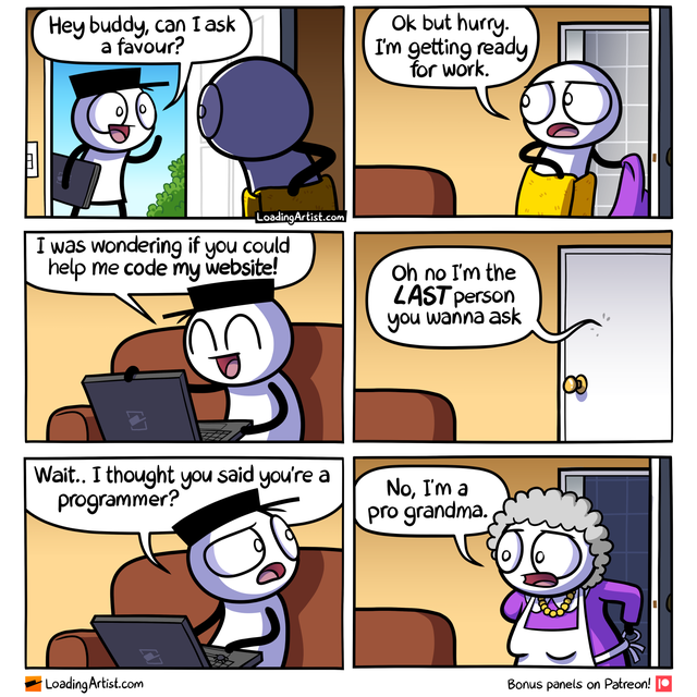 A comic featuring a person asking another person to help them with their website.