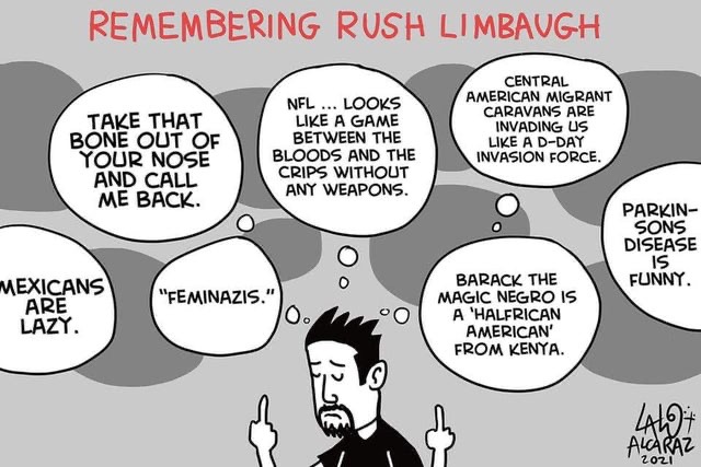 A comic featuring a man with both of his middle fingers raised while thinking of Rush Limbaugh quotes