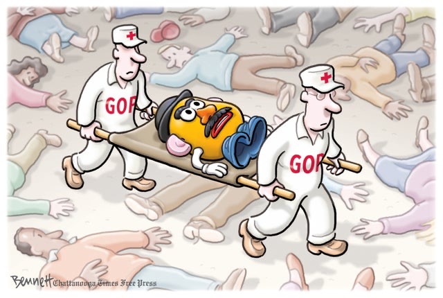 A comic featuring a couple of GOP supporters carrying the body of Mr. Potato Head over a number of human bodies on the ground.