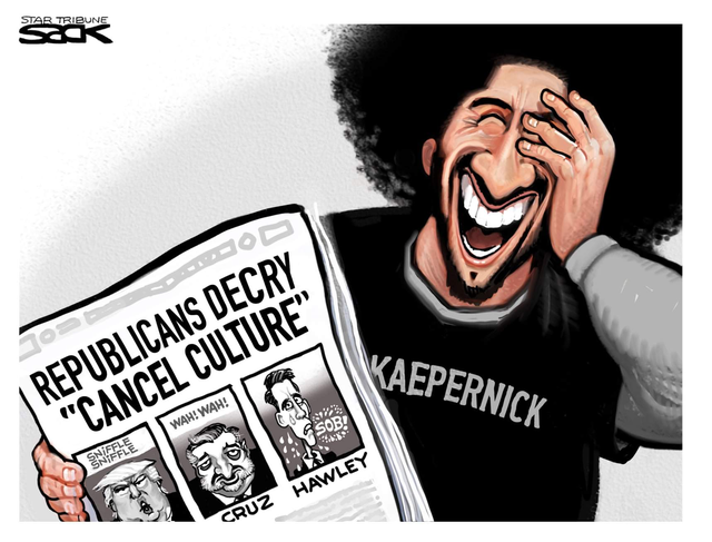 A comic featuring Colin Kaepernick laughing while holding a newspaper with the headline 'Republicans Decry Cancel Culture'