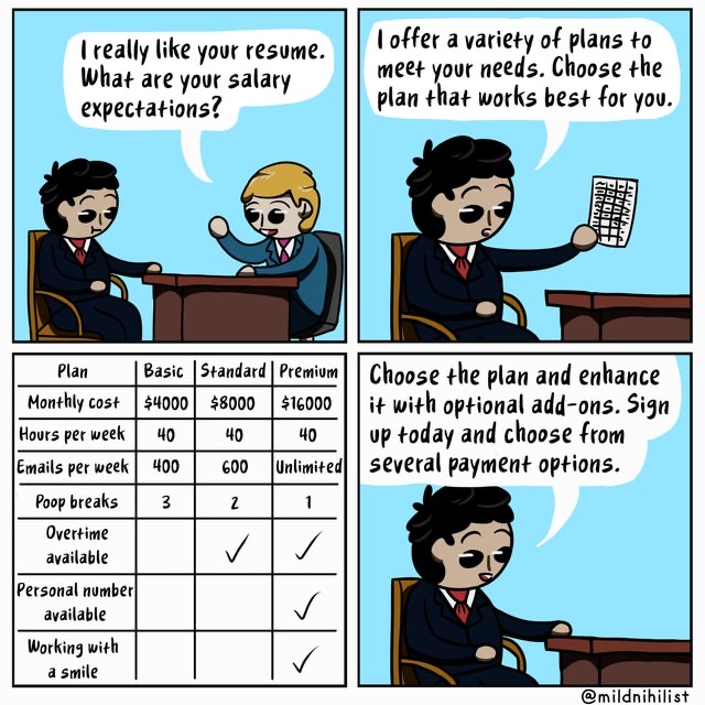 A comic featuring a man being interviewed offering a number of employment subscription plans.