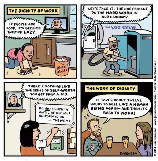 A comic featuring a number of people working hard at their jobs