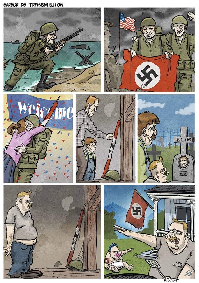 A comic showing the transition of an American soldier defeating the Nazis to his son becoming a neo-Nazi himself.