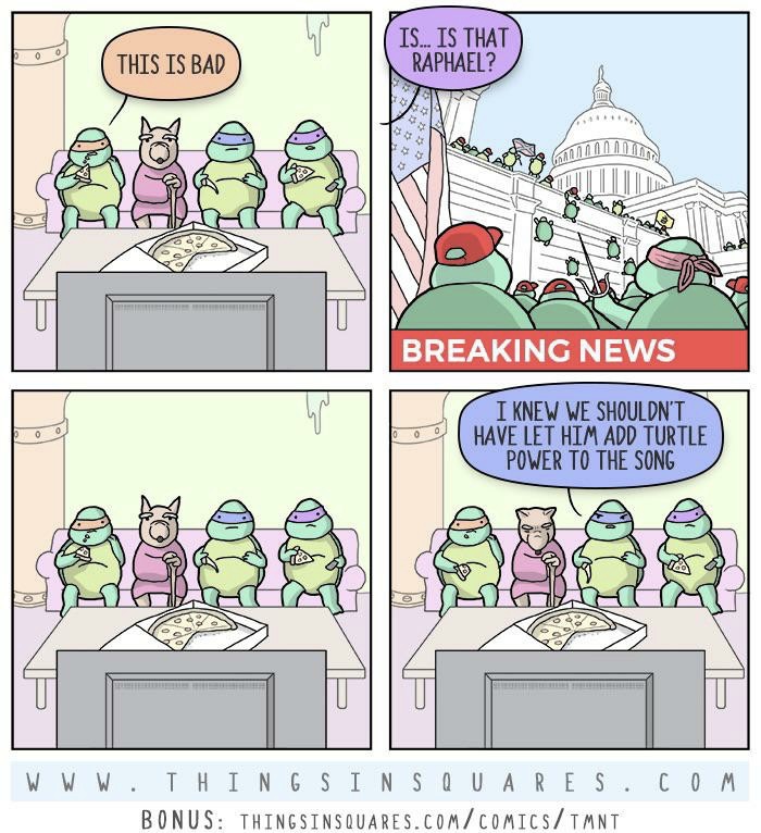 A comic featuring the Ninja Turtles and Splinter watching the insurrection on the Capitol