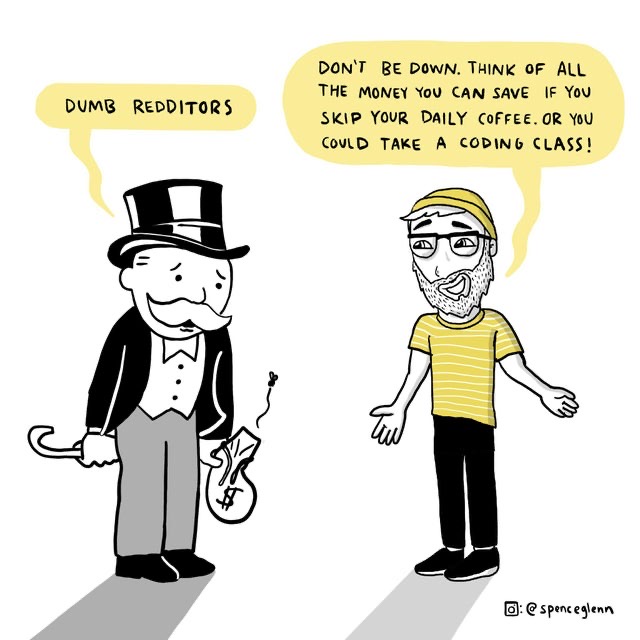 A comic featuring the Monopoly Man complaining to a man about Redditors causing him to lose money